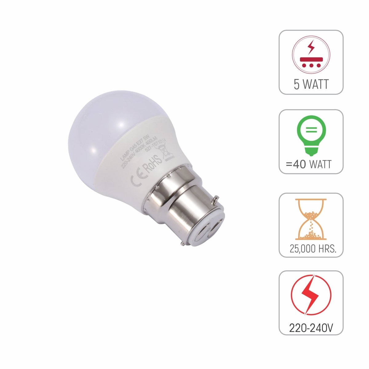 Tech specs of Ursa LED Golf Ball G45 Dimmble B22 Bayonet Cap 5W 2700K Warm White 4000K Cool White Pack of 4