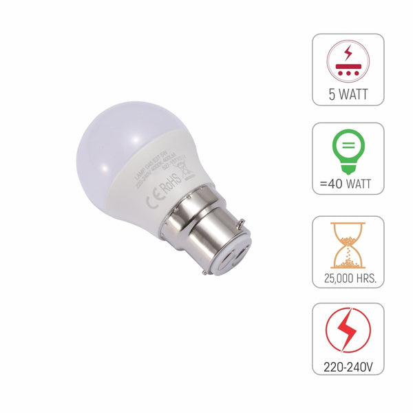 Tech specs of Ursa LED Golf Ball G45 Dimmble B22 Bayonet Cap 5W 2700K Warm White 4000K Cool White Pack of 4