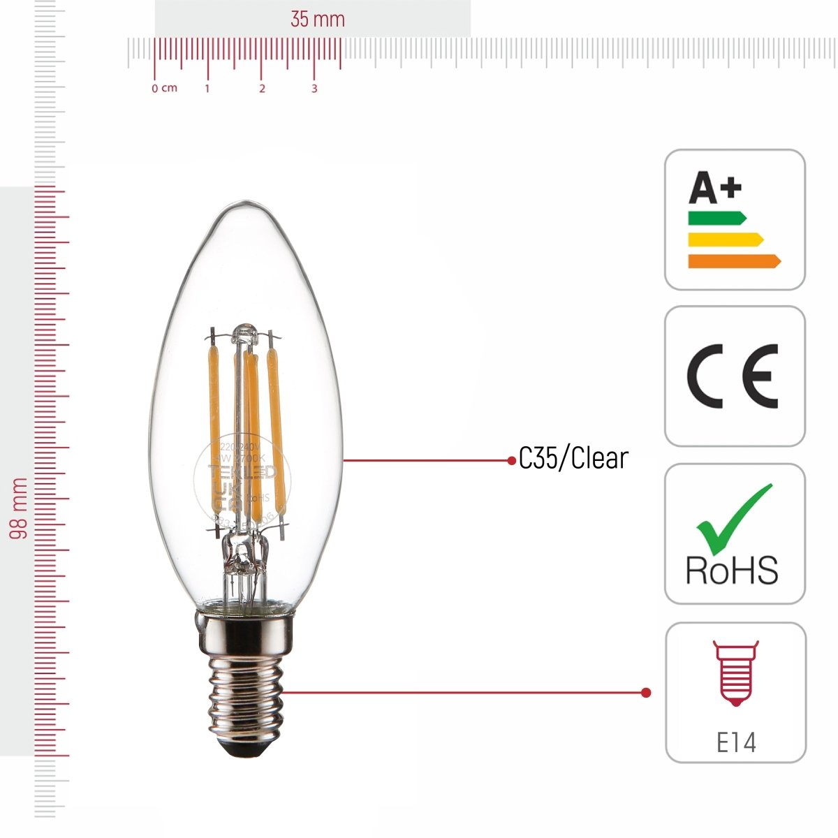 Size and certifications of LED Filament Bulb C35 Candle E14 Small Edison Screw 4W 470lm Cool White 4000K Clear Pack of 6 | TEKLED 583-150606