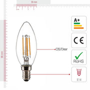 Size and certifications of LED Filament Bulb C35 Candle E14 Small Edison Screw 4W 470lm Cool White 4000K Clear Pack of 6 | TEKLED 583-150606