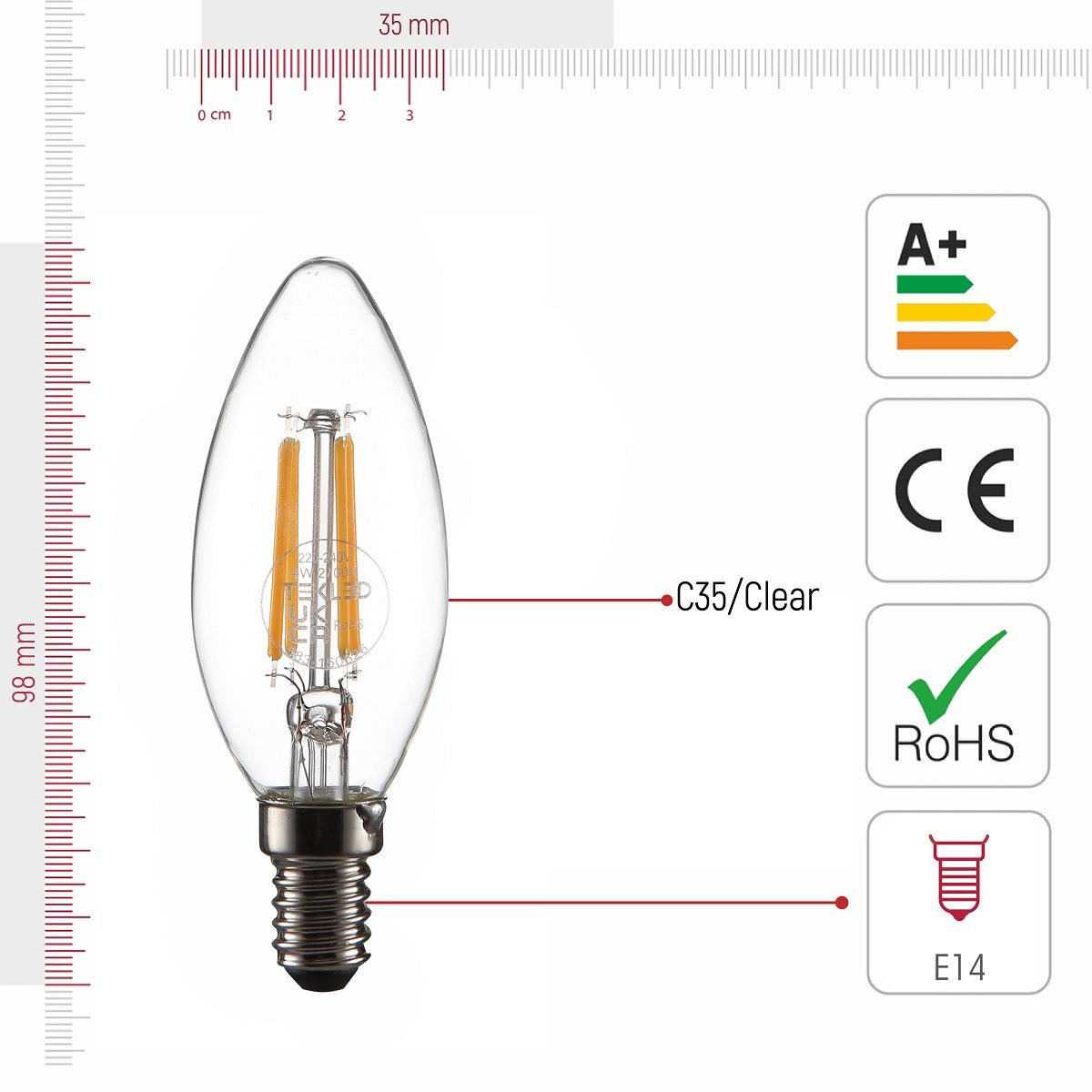 Visual representation of product measurement and certification of led dimmable filament bulb candle c35 blunt e14 small edison screw 4w 400lm warm white 2700k clear pack of 6