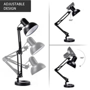 Black adjustable desk lamp showing various angled positions. Functional and versatile lighting solution.
