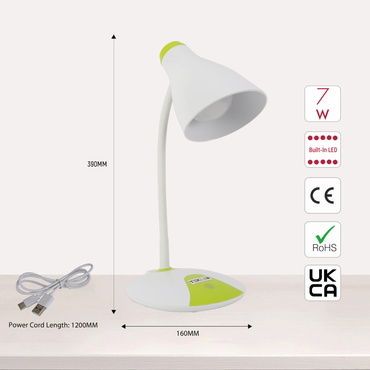 Size and certifications of Adjustable Gooseneck LED Desk Lamp with Dual Colour Design 130-03757