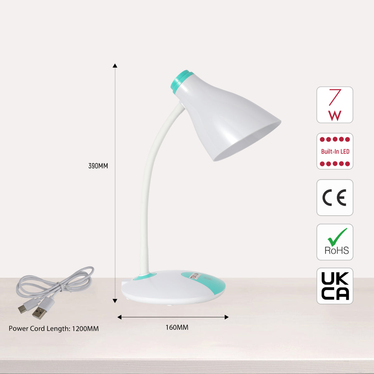 Size and certifications of Adjustable Gooseneck LED Desk Lamp with Dual Colour Design 130-03758