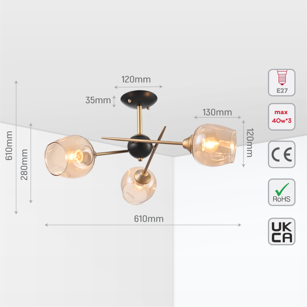 Size and tech specs of Amber Eclipse Semi-Flush Ceiling Light | TEKLED 159-17982