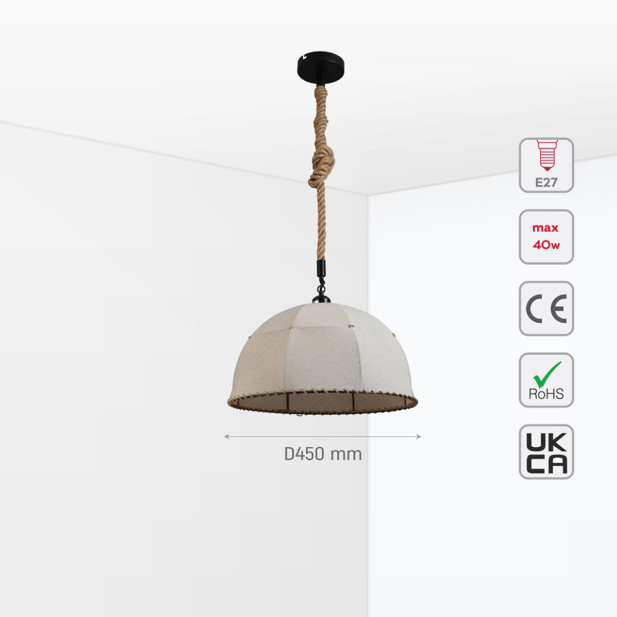 Size and certifications of American Country Antique Hemp Rope Fabric Pendant Light Ecru 159-18121