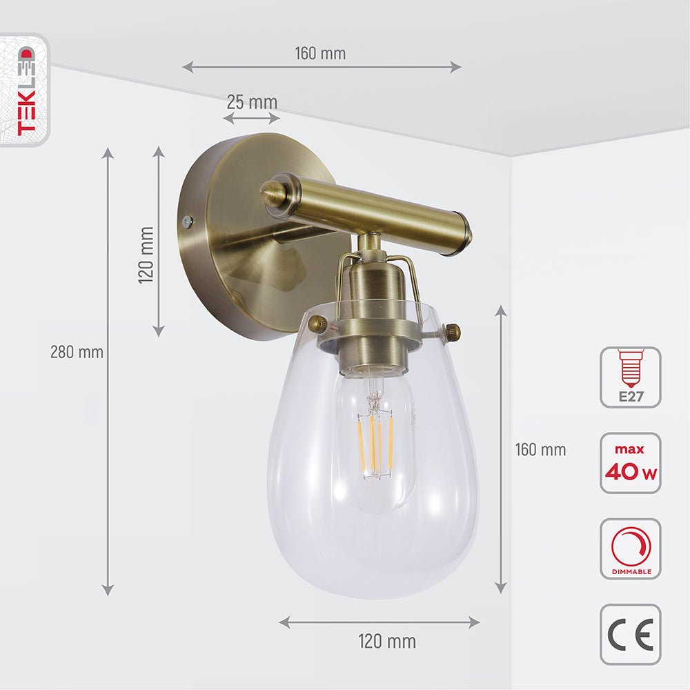 Tehcnical specifications and dimensions of Antique Brass Body Clear Glass Globe Wall Light with E27 Fitting