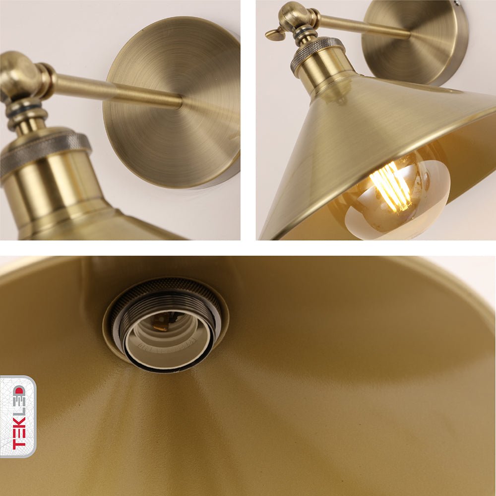 Detailed captures of Antique Brass Hinged Metal Funnel Wall Light with E27 Fitting