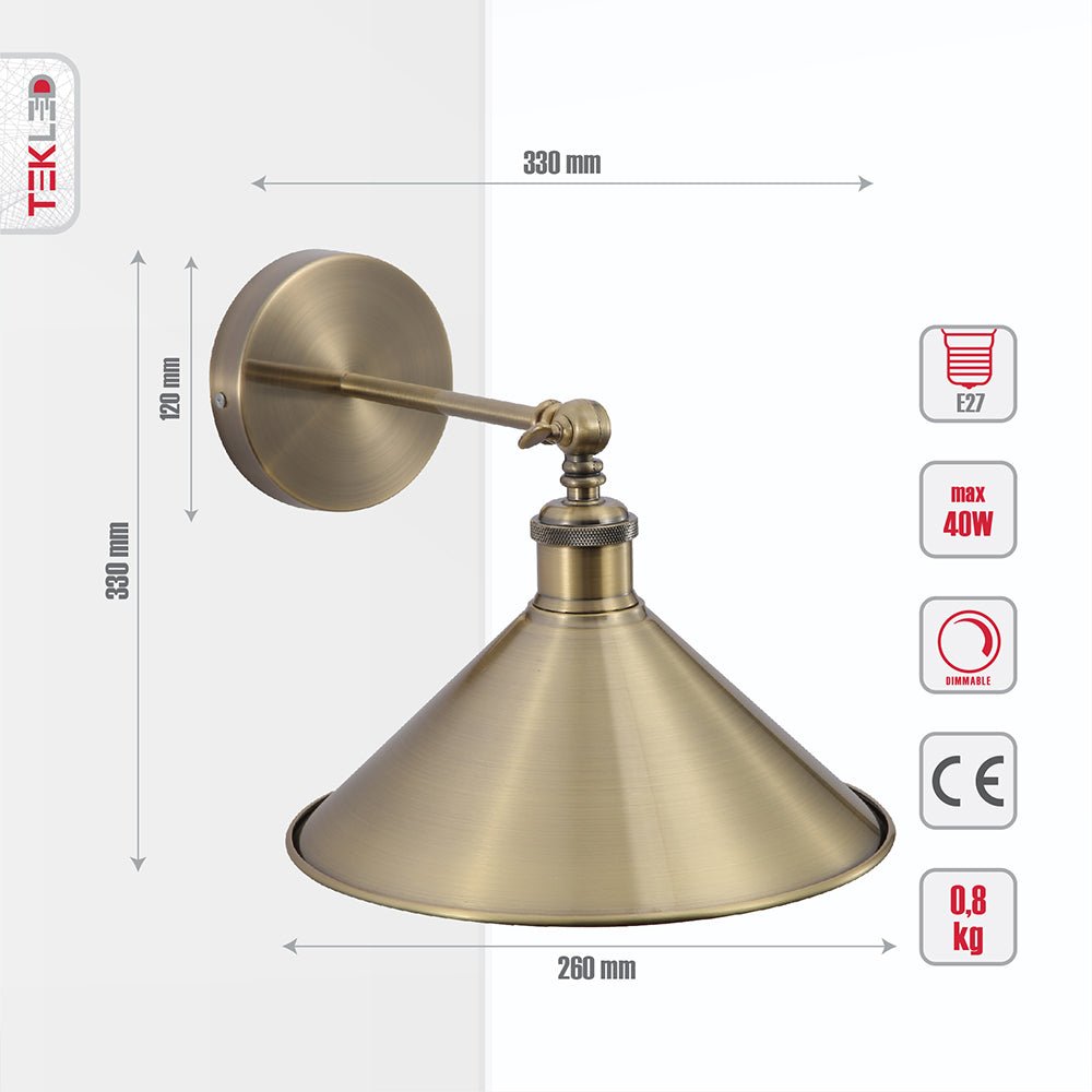 Tehcnical specifications and dimensions of Antique Brass Hinged Metal Funnel Wall Light with E27 Fitting