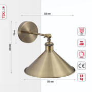 Tehcnical specifications and dimensions of Antique Brass Hinged Metal Funnel Wall Light with E27 Fitting