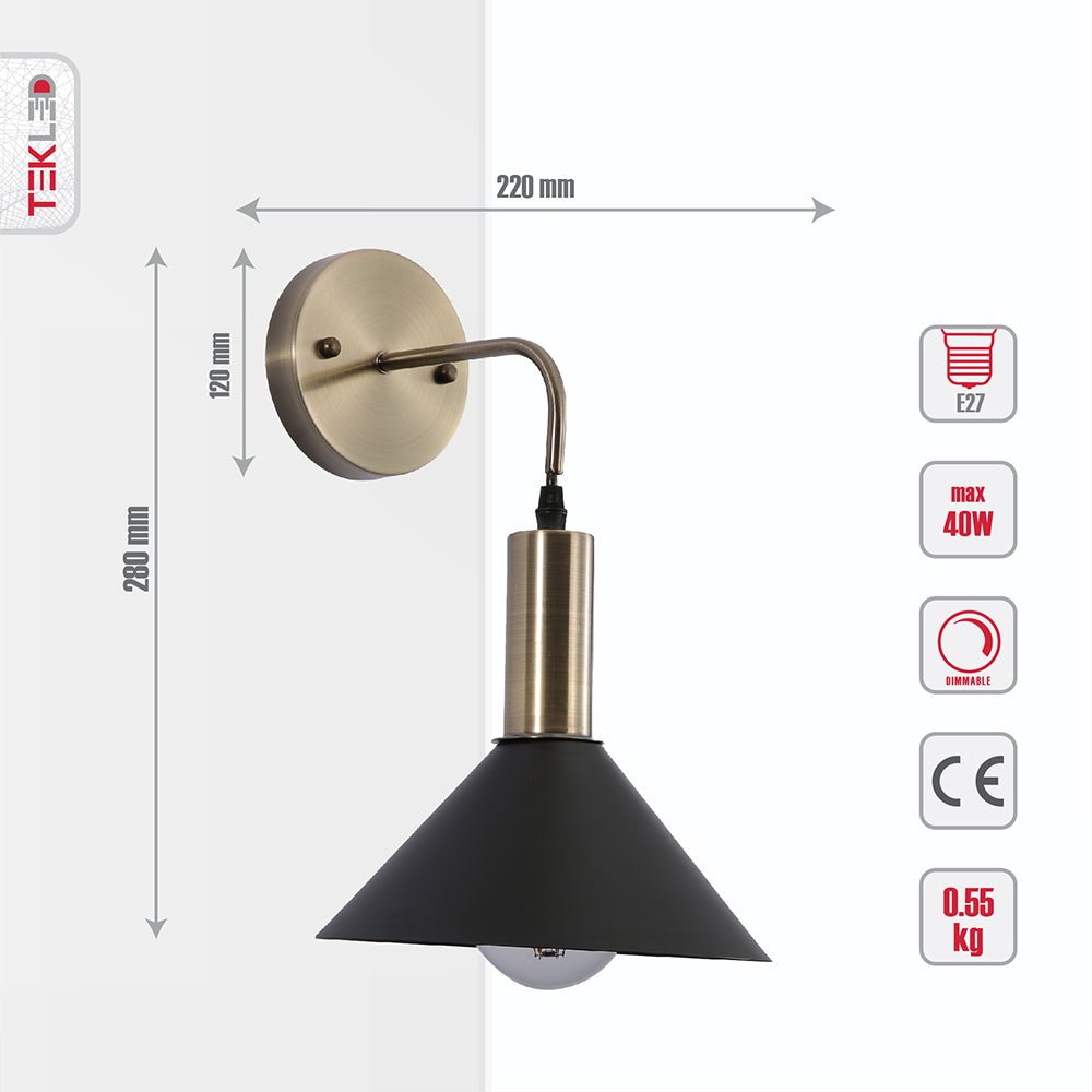 Tehcnical specifications and dimensions of Antique Brass Metal Black Cone Suspended Wall Light with E27 Fitting