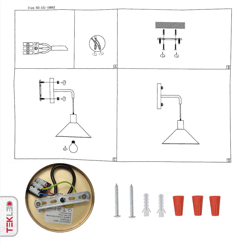 User manual and installation tools of Antique Brass Metal Black Cone Suspended Wall Light with E27 Fitting