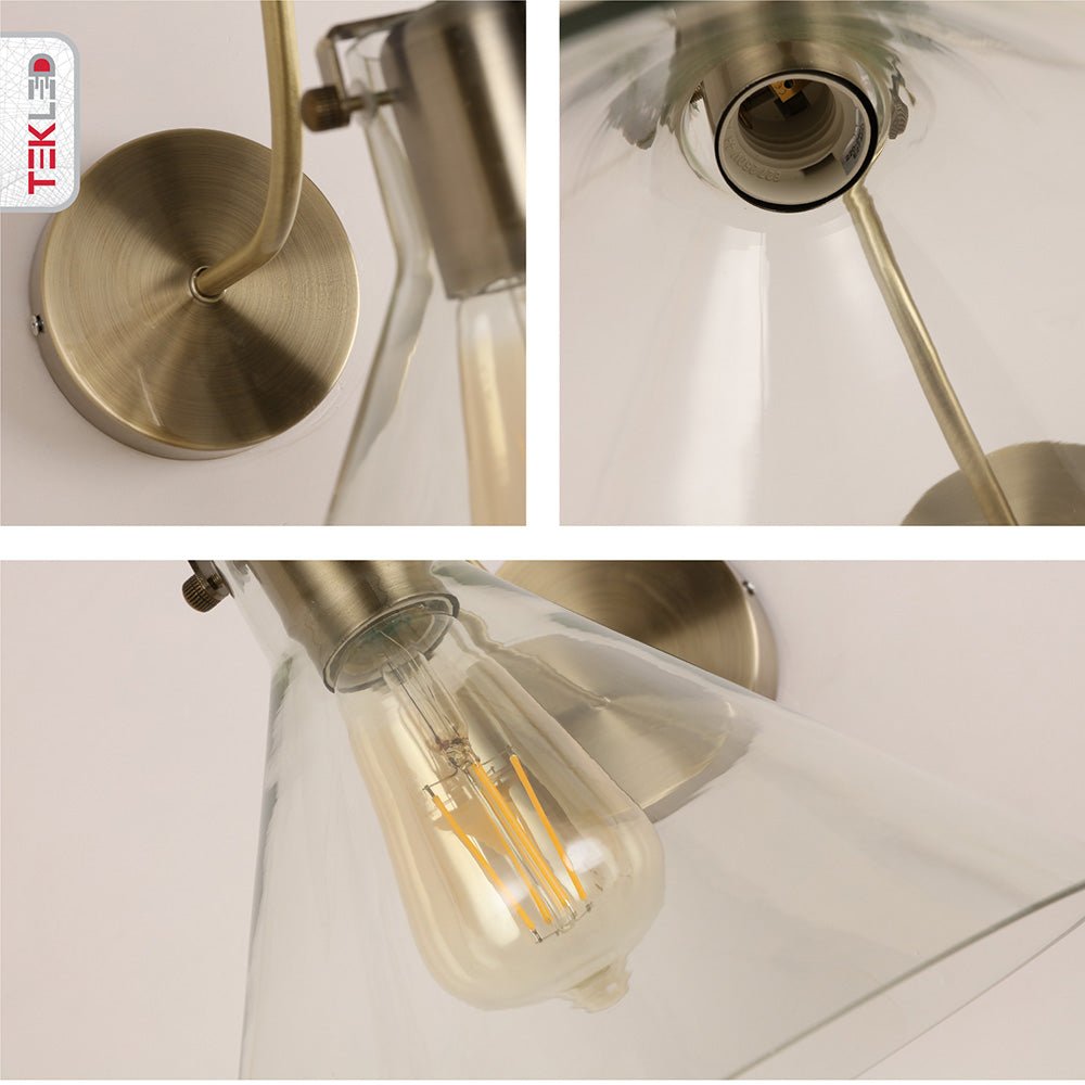 Detailed captures of Antique Brass Metal Clear Glass Funnel Wall Light with E27 Fitting