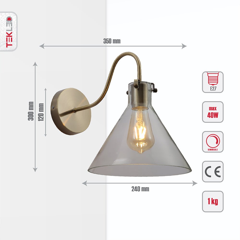Tehcnical specifications and dimensions of Antique Brass Metal Clear Glass Funnel Wall Light with E27 Fitting