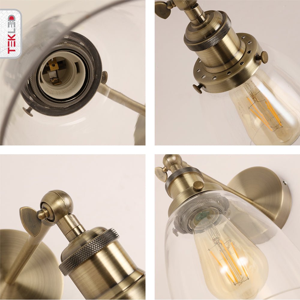 Detailed captures of Antique Brass Metal Hinged Clear Glass Cone Wall Light with E27 Fitting