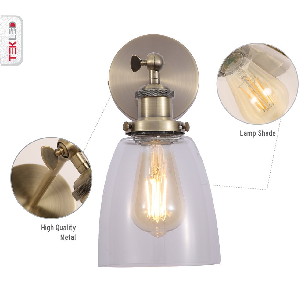 Features of Antique Brass Metal Hinged Clear Glass Cone Wall Light with E27 Fitting
