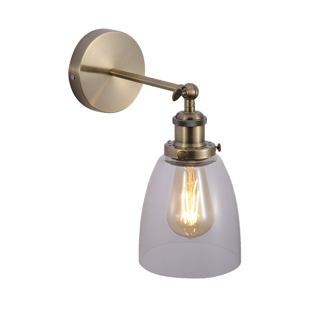 Main image of Antique Brass Metal Hinged Clear Glass Cone Wall Light with E27 Fitting