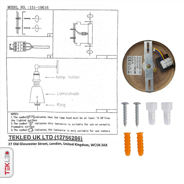 User manual and installation tools of Antique Brass Metal Hinged Clear Glass Cone Wall Light with E27 Fitting