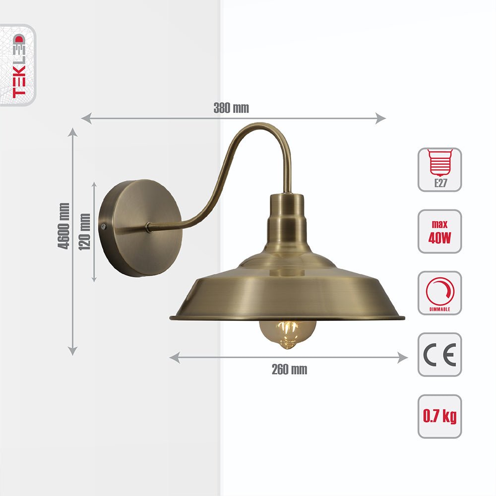 Tehcnical specifications and dimensions of Antique Brass Metal Step Wall Light with E27 Fitting