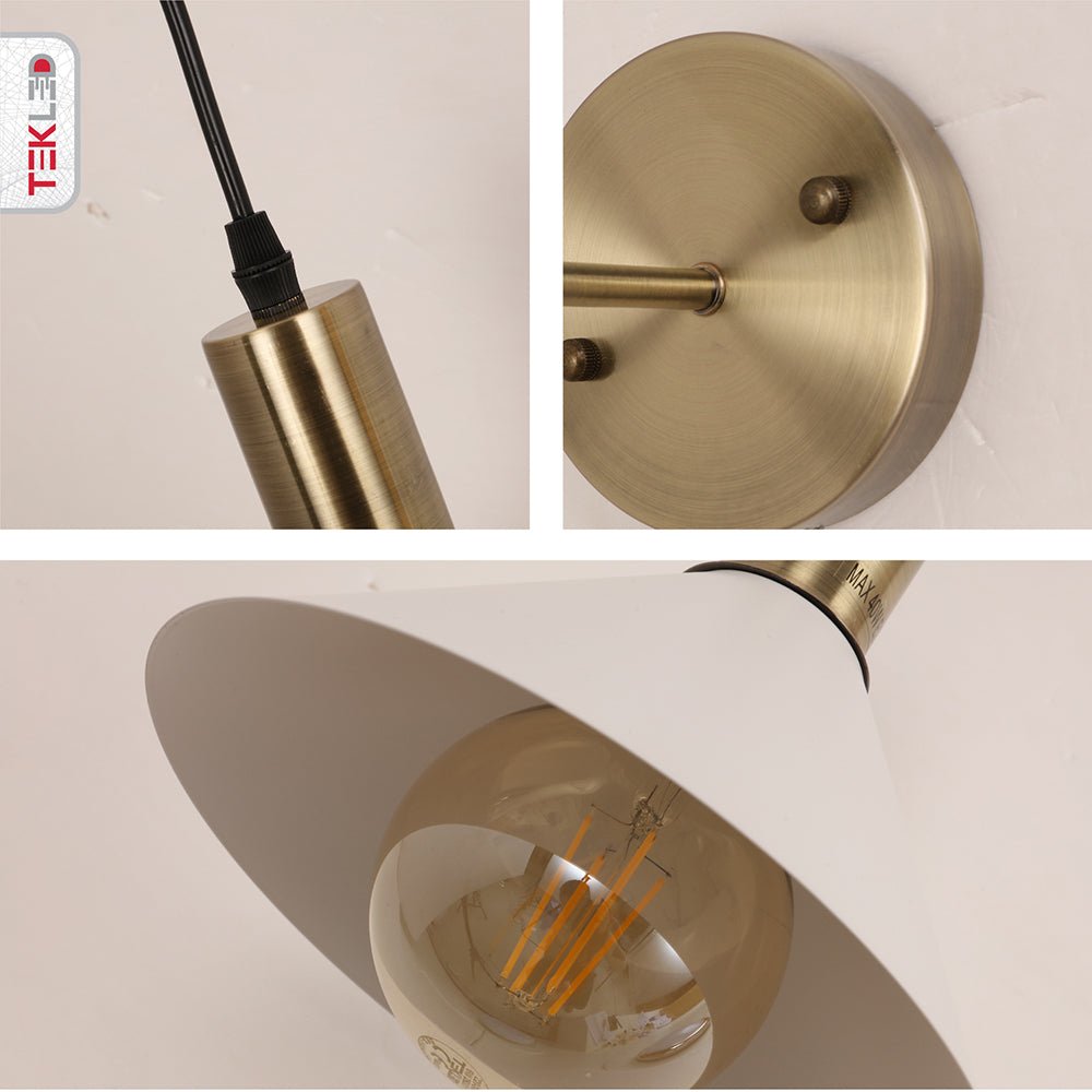 Detailed captures of Antique Brass Metal White Cone Suspended Wall Light with E27 Fitting