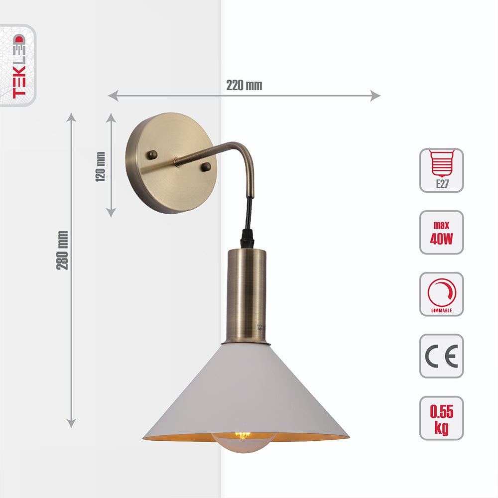 Tehcnical specifications and dimensions of Antique Brass Metal White Cone Suspended Wall Light with E27 Fitting