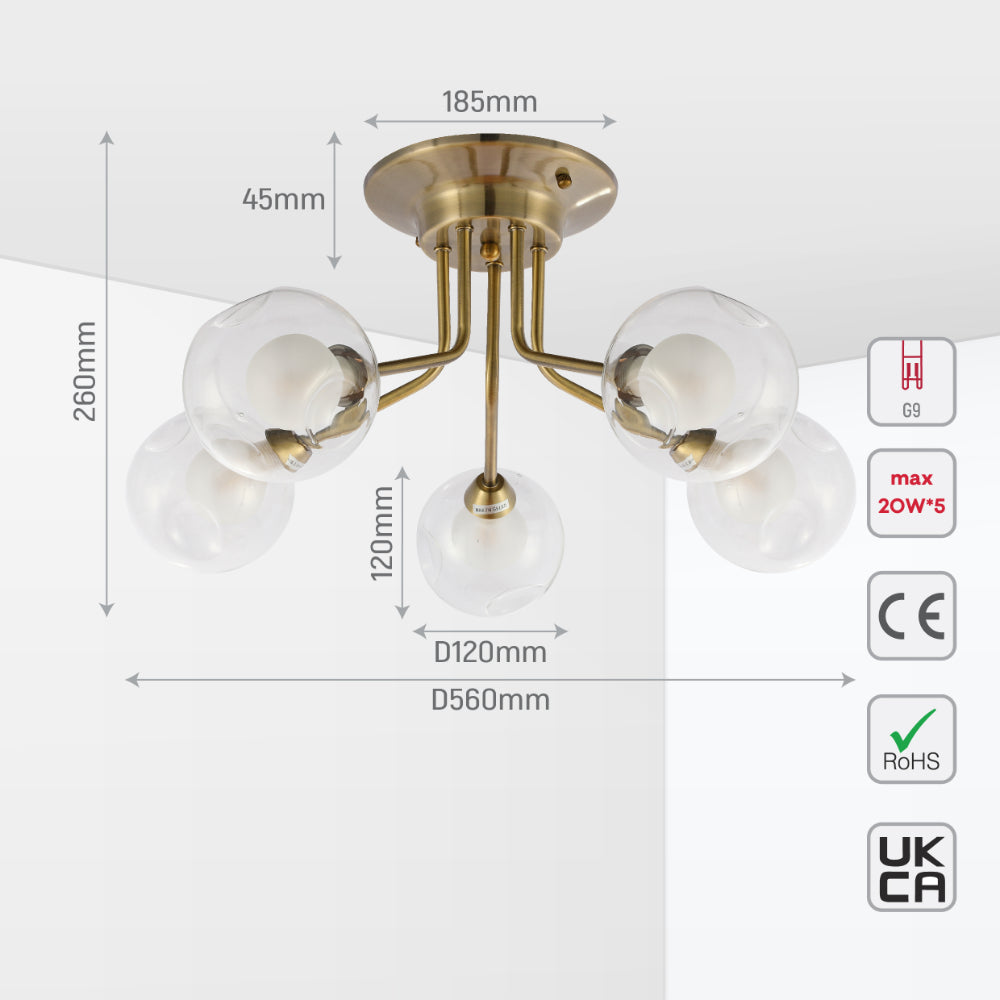 Size and tech specs of Antique Brilliance Dimpled Globe Light | Opal Essence Semi-Flush Mount | 5 or 8 Lamps | TEKLED 158-19692
