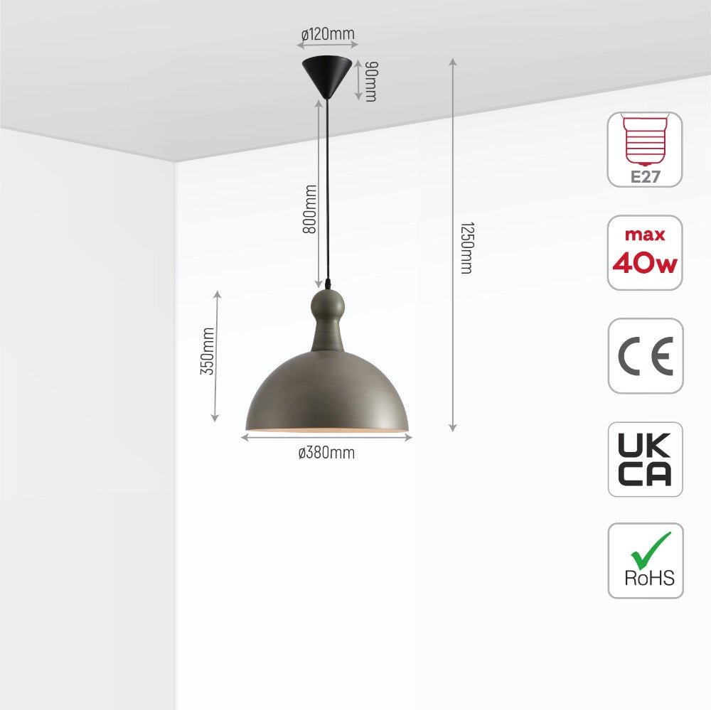 Size and specs of Antique Grey Brass Dome Metal Pendant Ceiling Light with E27 Fitting D380 | TEKLED 150-181110