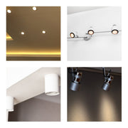 A variety of modern interior lighting, including recessed, track, and surface-mounted spotlights.