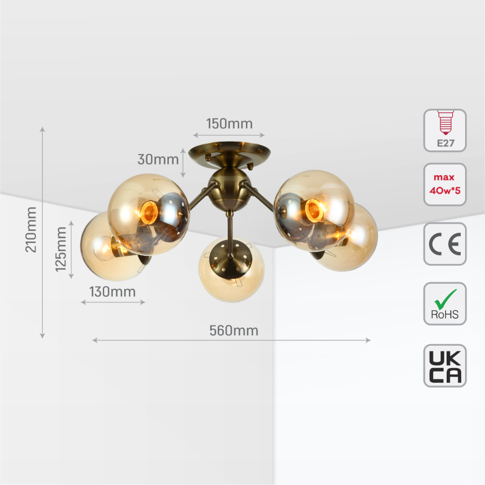 Size and tech specs of Atomic Elegance Brass & Amber Globe Light | TEKLED 159-17997