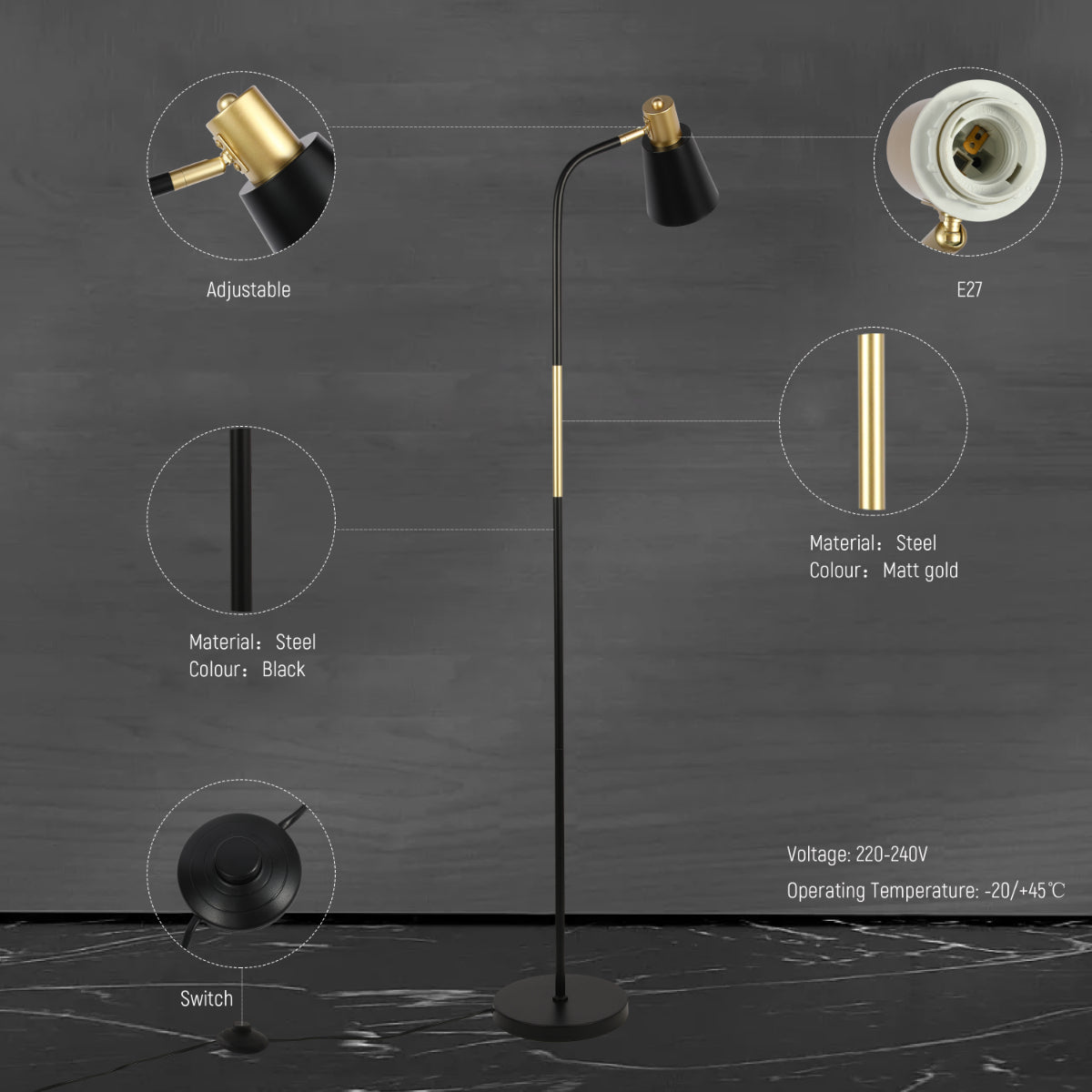 Close shots of Bend Design Floor Lamp with Gold Accents - E27 130-03552