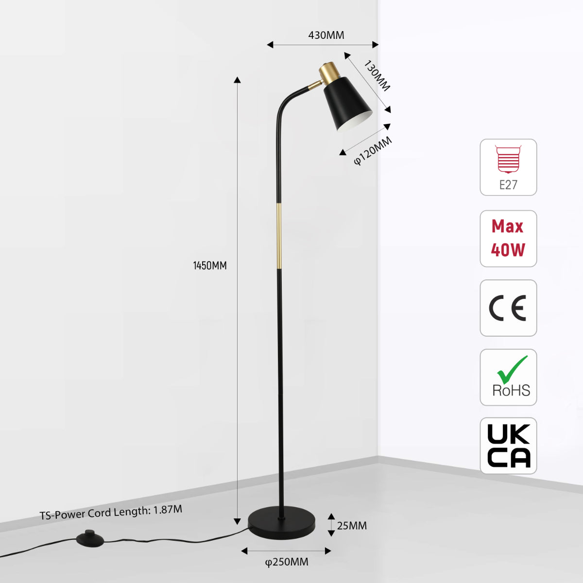 Size and certifications of Bend Design Floor Lamp with Gold Accents - E27 130-03552