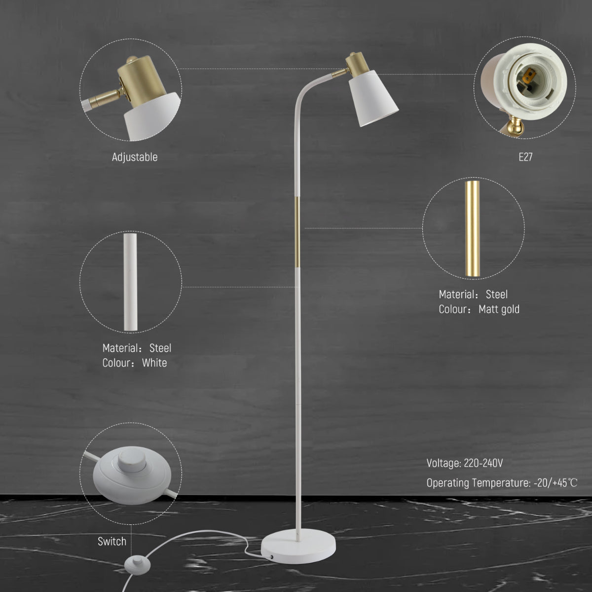 Close shots of Bend Design Floor Lamp with Gold Accents - E27 130-03554