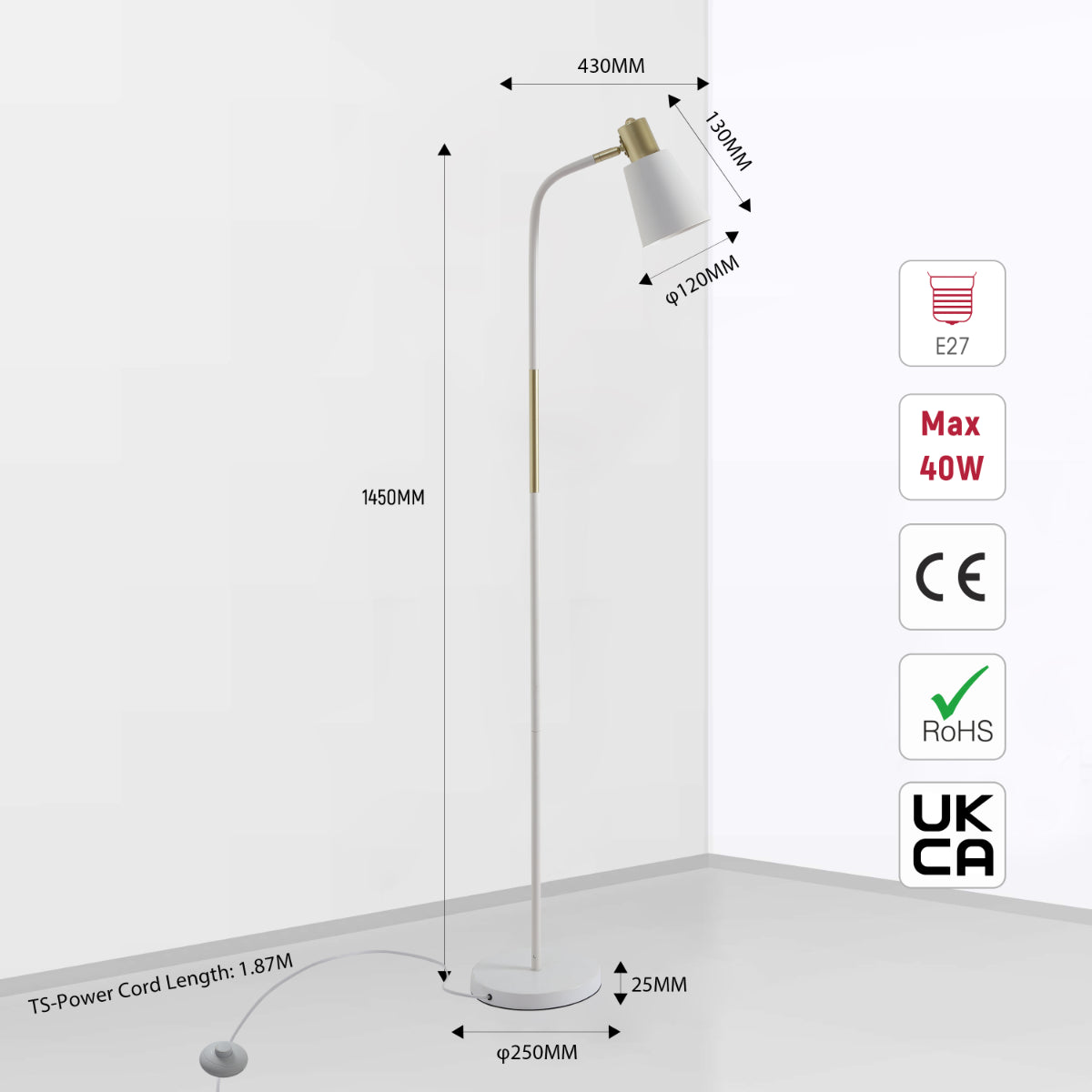 Size and certifications of Bend Design Floor Lamp with Gold Accents - E27 130-03554