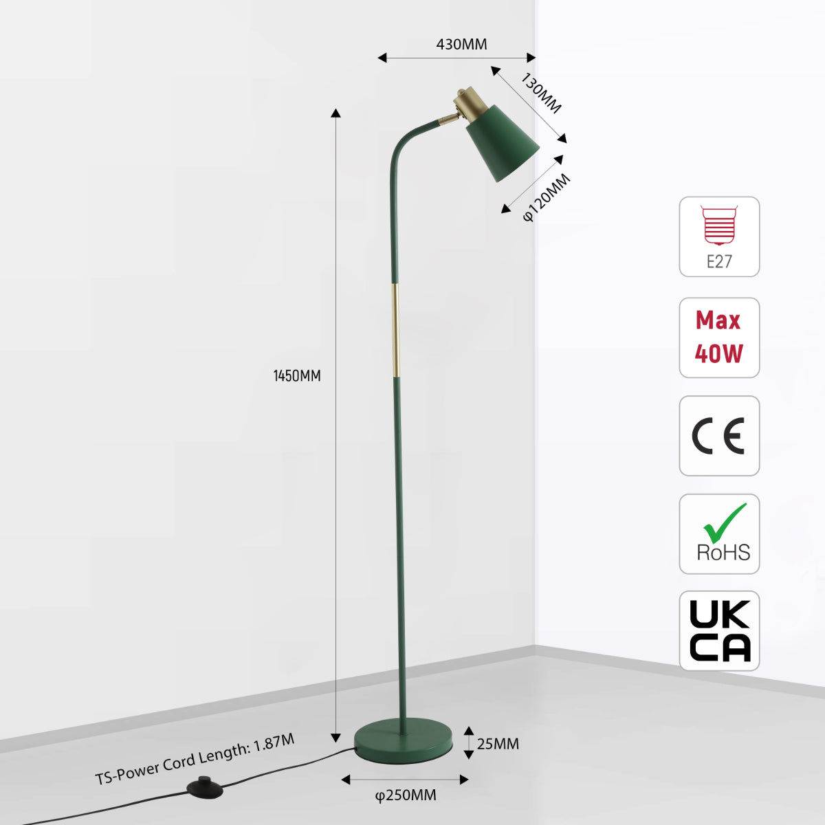 Size and certifications of Bend Design Floor Lamp with Gold Accents - E27 130-03556