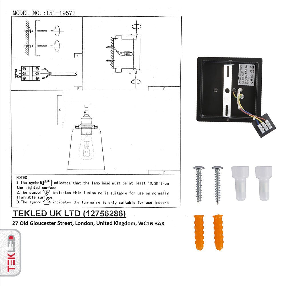 User manual and installation tools of Black Body Clear Glass Cone Wall Light with E27 Fitting
