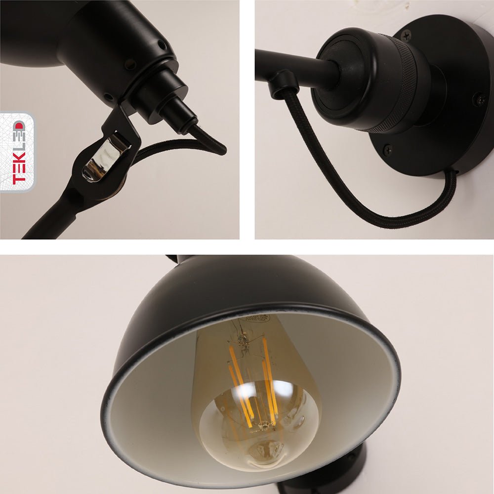 Detailed captures of Black Hinged Metal Dome Wall Light with E27 Fitting