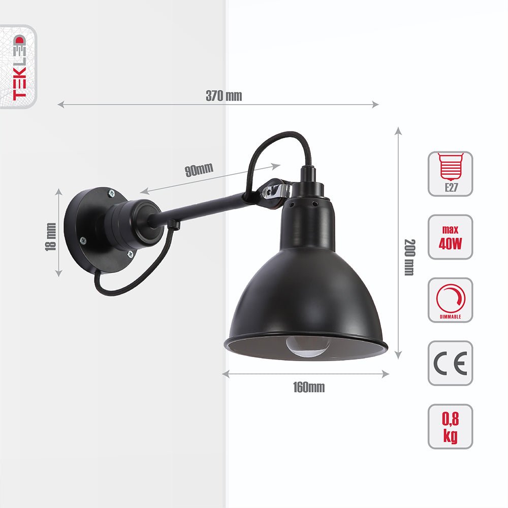 Tehcnical specifications and dimensions of Black Hinged Metal Dome Wall Light with E27 Fitting