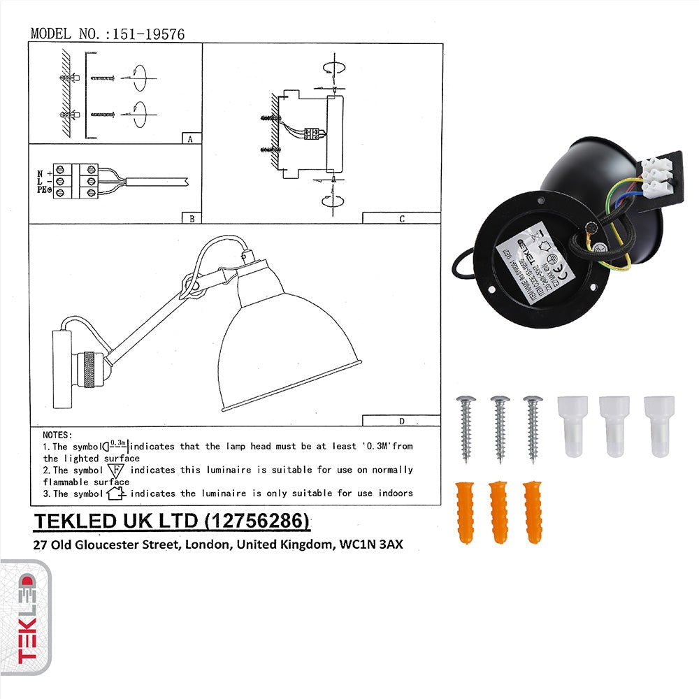 User manual and installation tools of Black Hinged Metal Dome Wall Light with E27 Fitting