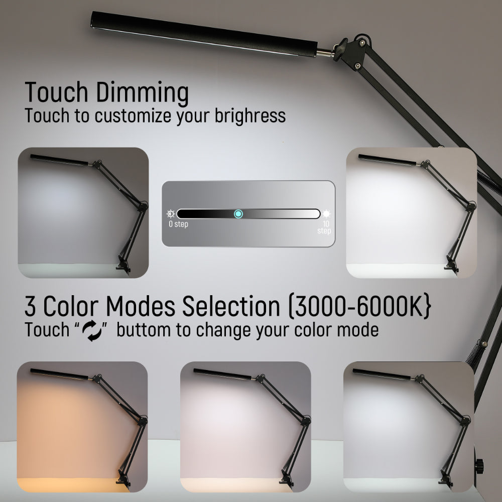 Size and tech specs of Black LED Long Arm Dimming Desk Light 10W 3000-6000K TEKLED | TEKLED 130-03764