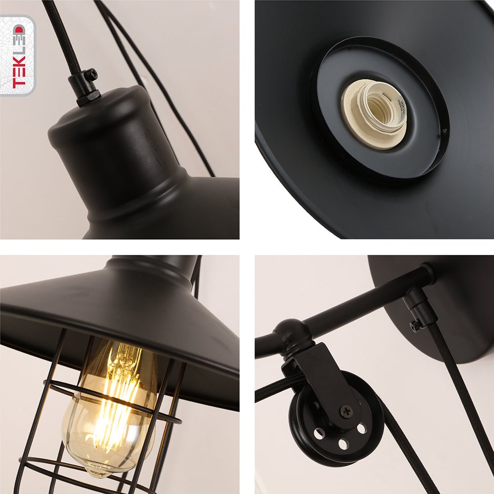 Detailed captures of Black Metal Caged Funnel Pulley Wall Light with E27 Fitting