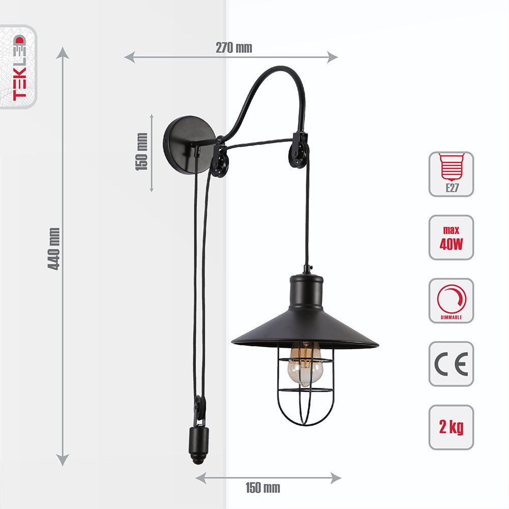 Tehcnical specifications and dimensions of Black Metal Caged Funnel Pulley Wall Light with E27 Fitting