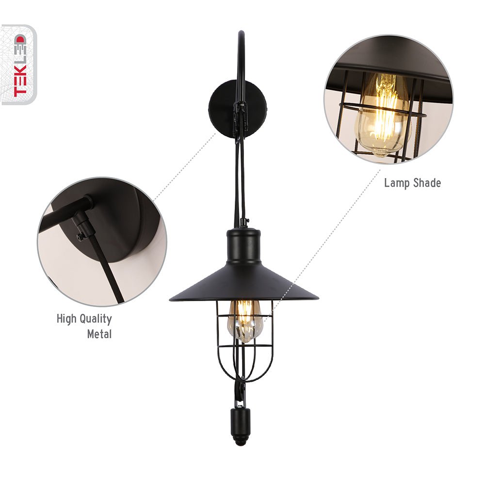 Features of Black Metal Caged Funnel Pulley Wall Light with E27 Fitting