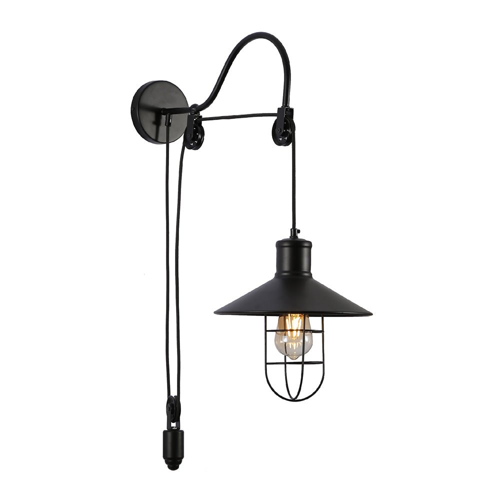 Main image of Black Metal Caged Funnel Pulley Wall Light with E27 Fitting