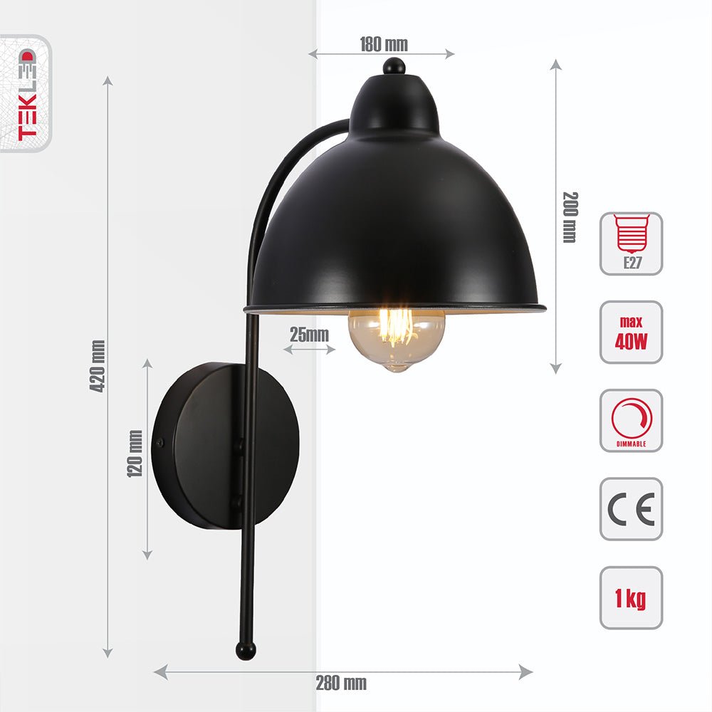 Tehcnical specifications and dimensions of Black Metal Dome Wall Light with E27 Fitting