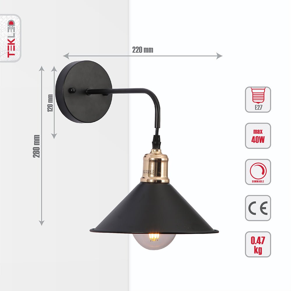 Tehcnical specifications and dimensions of Black Metal Funnel Suspended Wall Light with E27 Fitting