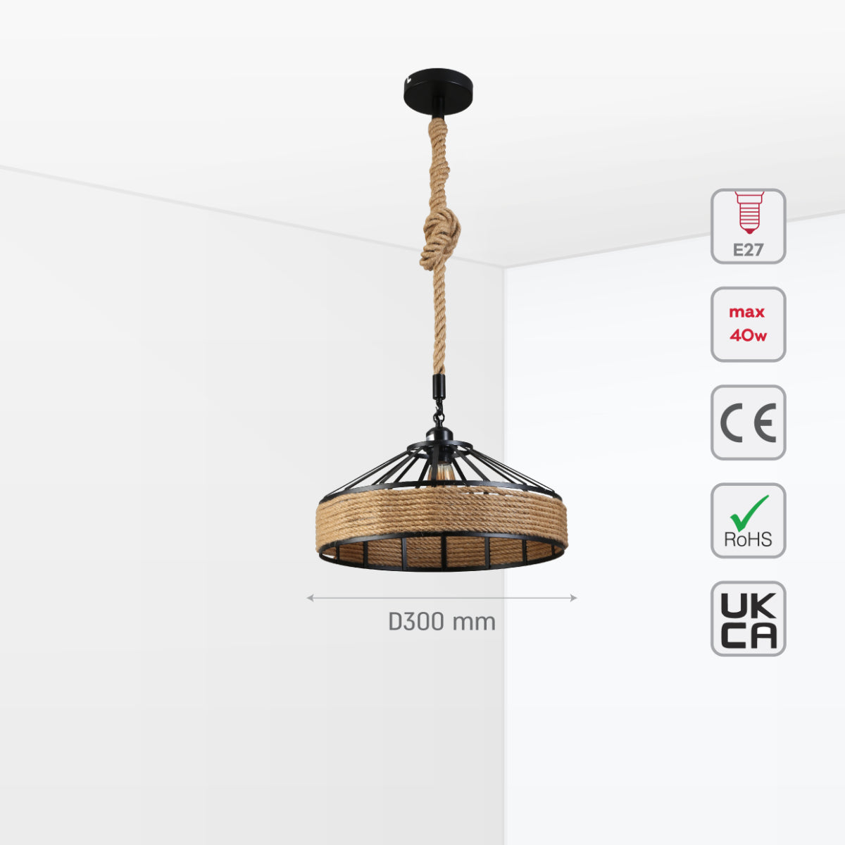 Size and certifications of Black Metal Hemp Rope Cage Pendant Ceiling Light E27 159-18124