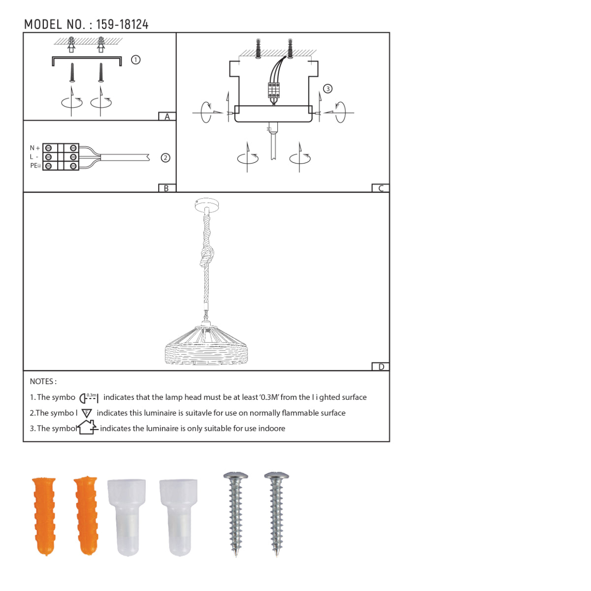Technical specs of Black Metal Hemp Rope Cage Pendant Ceiling Light E27 159-18124