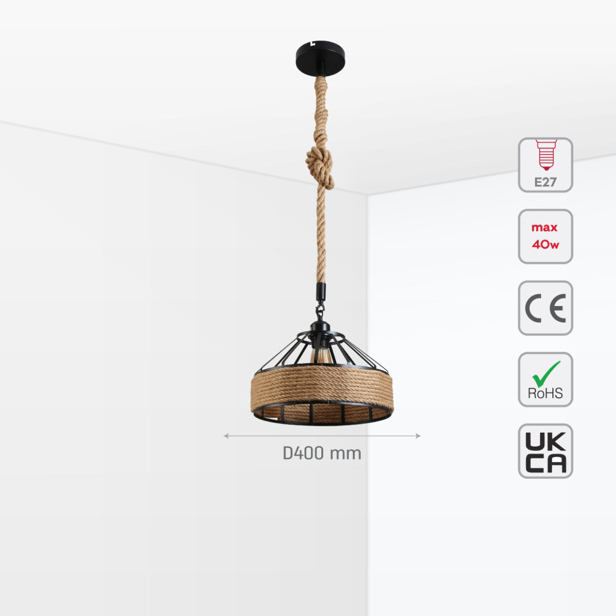 Size and certifications of Black Metal Hemp Rope Cage Pendant Ceiling Light E27 159-18125