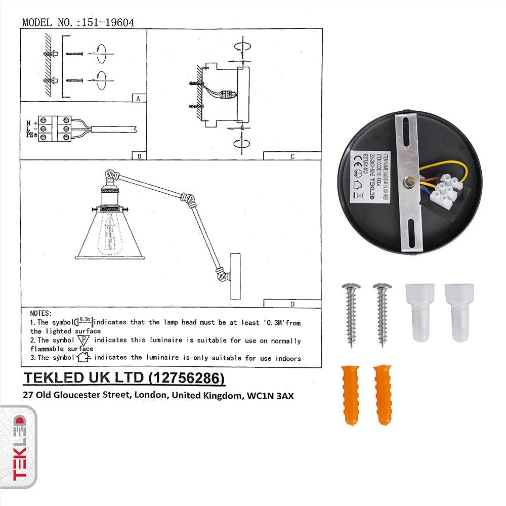 User manual and installation tools of Black Metal Hinged Funnel Wall Light with E27 Fitting