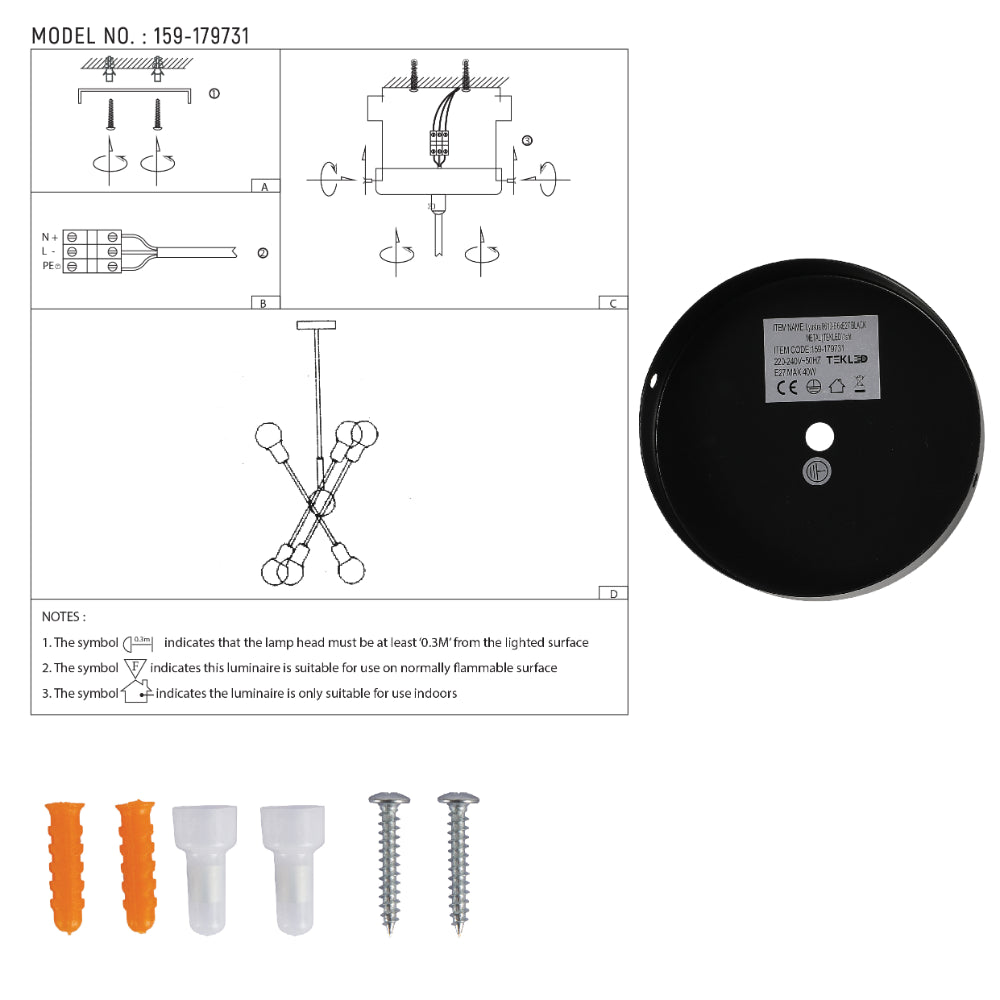 User manual for Black Rod Ceiling Light with Adjustable Geometry | TEKLED 159-179731